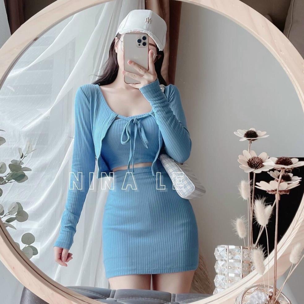 Set Bộ 3 Món Ôm Body Croptop Kèm Áo Khoác Tay Dài Thiết Kế Mới Phong Cách Sang Chảnh Thời Trang Nữ Xm Minh Phúc