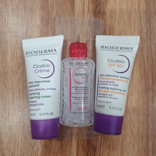 Travel kit Bioderma cho da nhạy cảm (tẩy trang, kem dưỡng phục hồi da tổn thương, kem dưỡng chống nắng)
