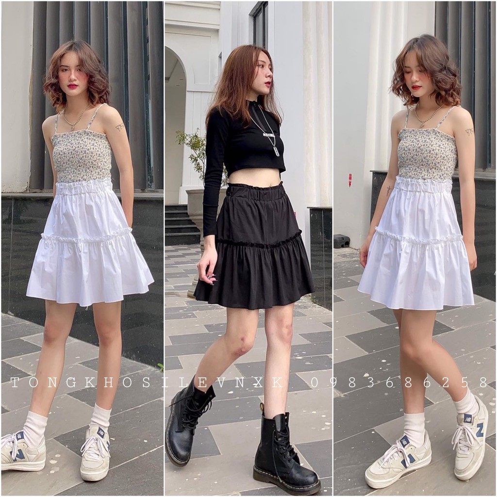 CHÂN VÁY NGẮN BÈO TẦNG BASIC - QUẦN GIẢ VÁY ĐŨI XOÈ Trắng Đen Ulzzang