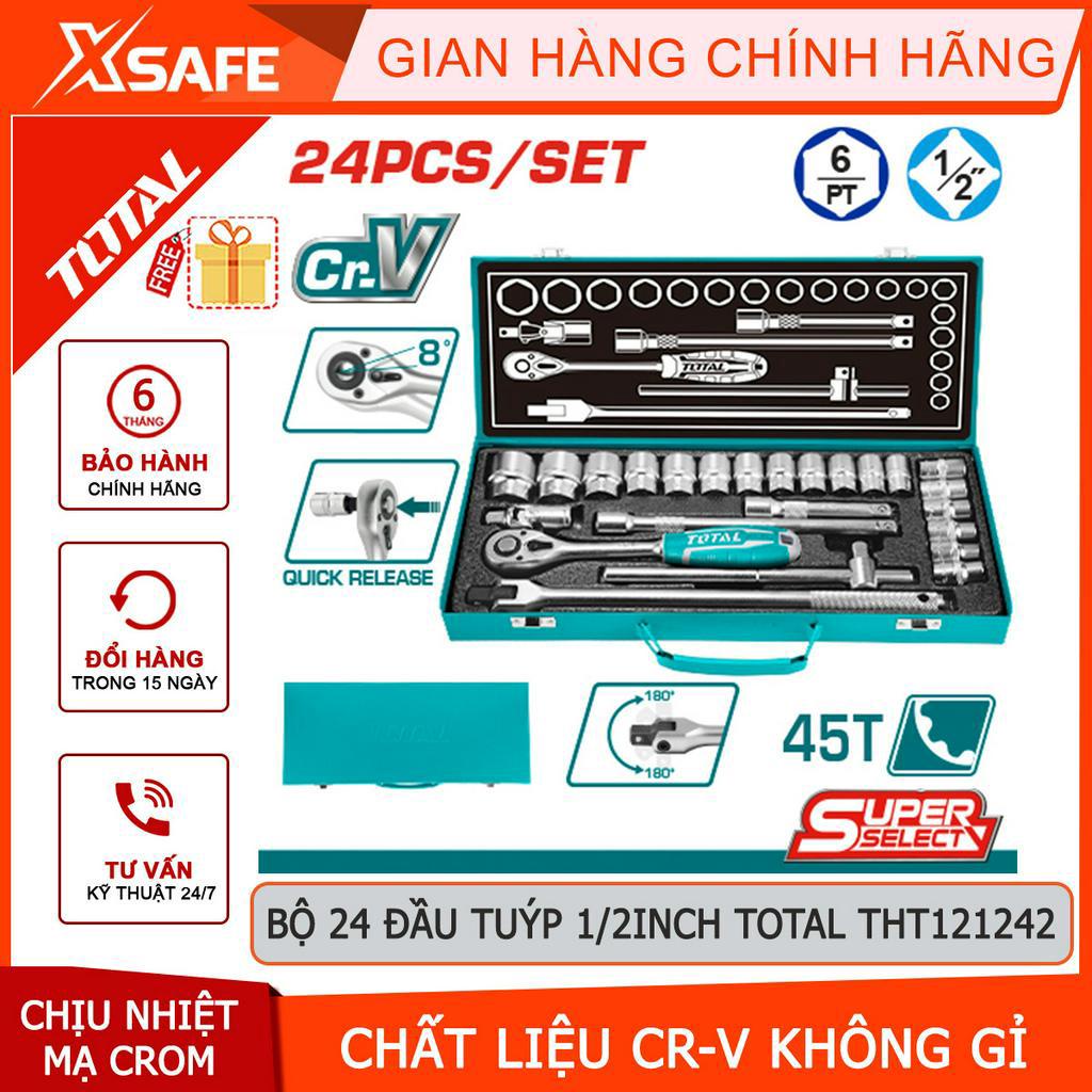 Bộ 24 đầu tuýp TOTAL THT121242 1/2inch gồm 18 đầu tuýp, 2 thanh mở rộng, 1 thanh trượt, 1 khớp nối, tay vặn, tay cầm