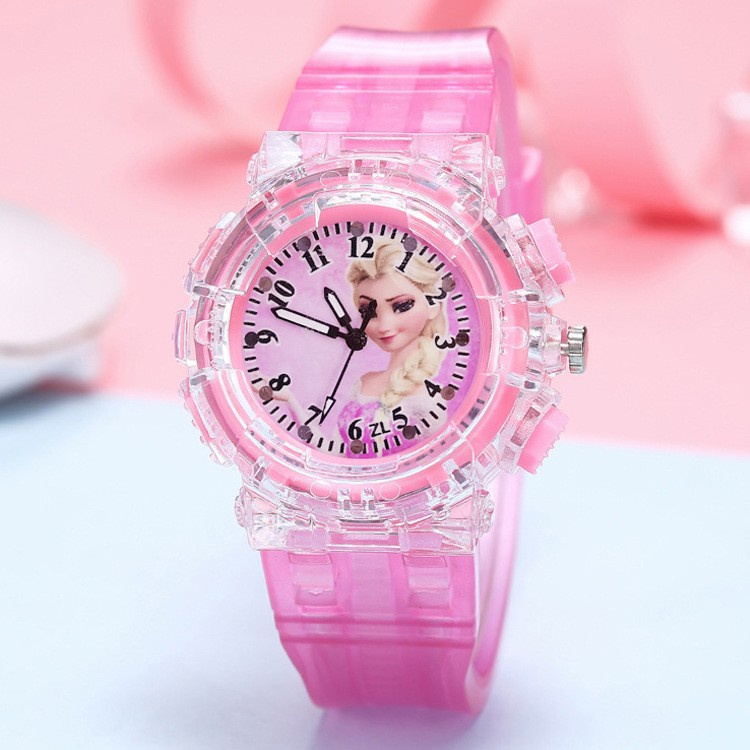 Đồng hồ trẻ em Elsa, Hello Kitty đeo tay có đèn LED phát sáng cho bé gái từ 1-10 tuổi dễ thương