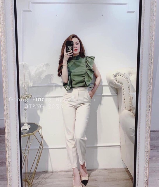 kèm ảnh thật - Áo vai bèo trắng rêu