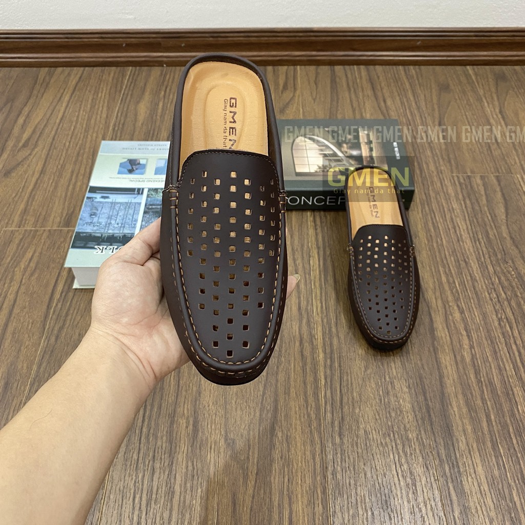 Giày sục nam da thật có lỗ thoáng khí đế cao su êm chân khâu chỉ bảo hành 12 tháng TK0100