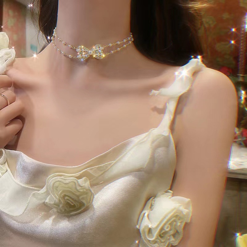 Vòng cổ Hai Lớp Thắt Nơ Đính Ngọc Trai Thời Trang Dành Cho Nữ