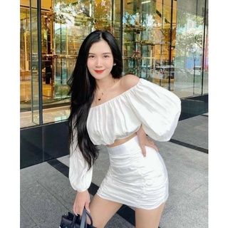 Sét trễ vai chân váy nhún , 2 màu đen trắng