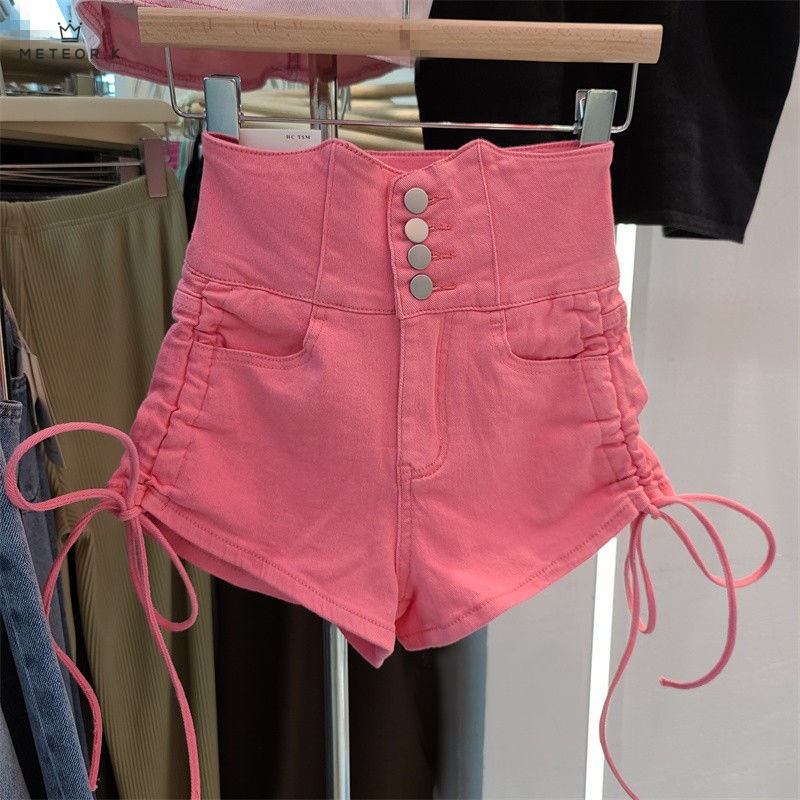 Quần short denim lưng cao xếp ly linh hoạt thời trang 2022 dành cho nữ