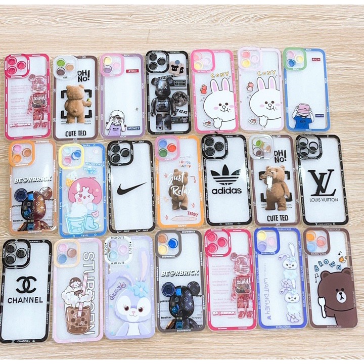 Ốp Ip hình Gấu Bearbrick viền xi Hồng Tím Xanh OP04