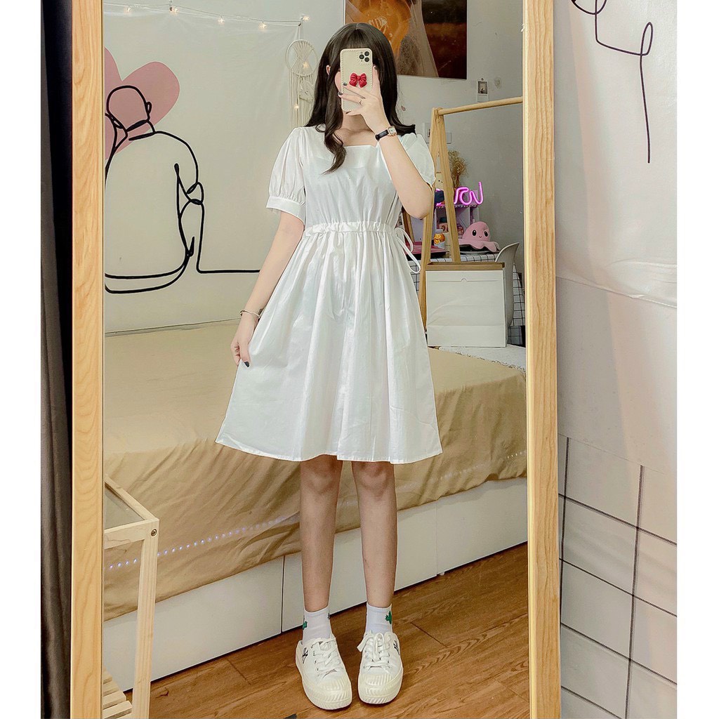 Đầm nữ tay bồng -váy babydoll cộc tay phối nơ bên tiểu thư dày dặn mềm mại không nhăn nhàu | BigBuy360 - bigbuy360.vn