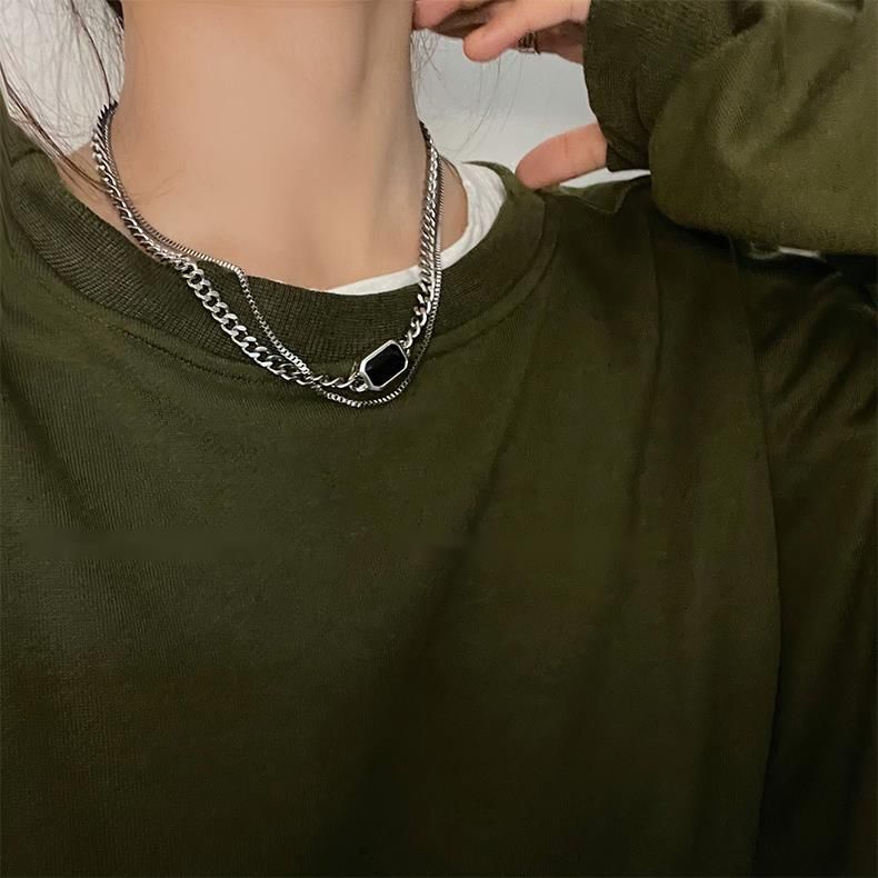 Vòng cổ hai lớp mặt đá đen thiết kế theo phong cách hip hop