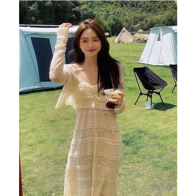 SET ĐẦM 2 DÂY BO EO MIDI KEM + ÁO KHOÁC MỎNG BI NỔI