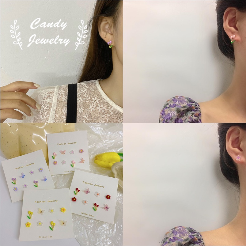 Set hoa tai MANYUE mạ bạc 925 hình hoa tulip/ bướm đơn giản thời trang