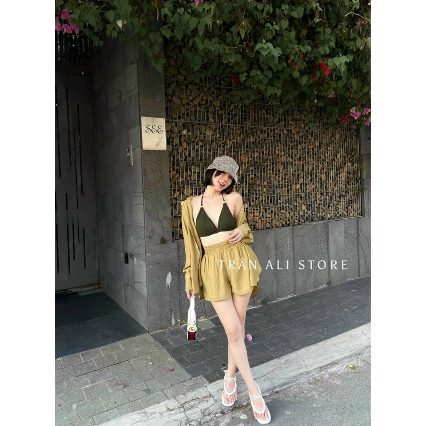 Set 3 món áo sơ mi tay dài cùng với bra phối cùng quần đùi
