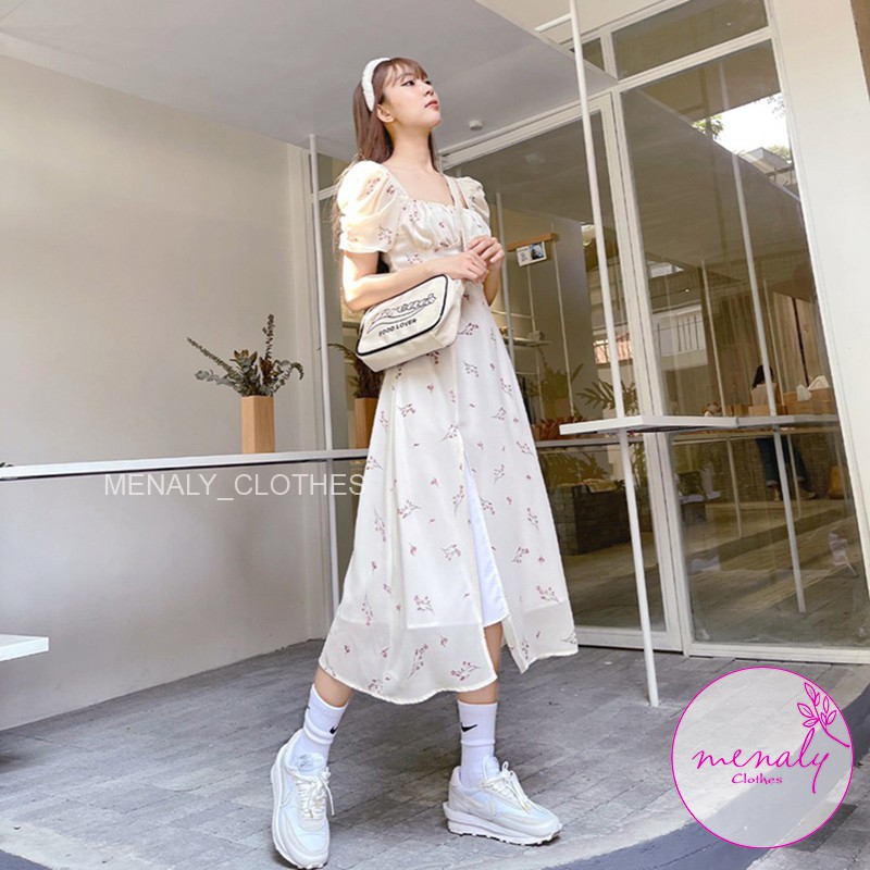 Váy đầm nữ vintage hoa nhí cổ vuông tay bồng VH045