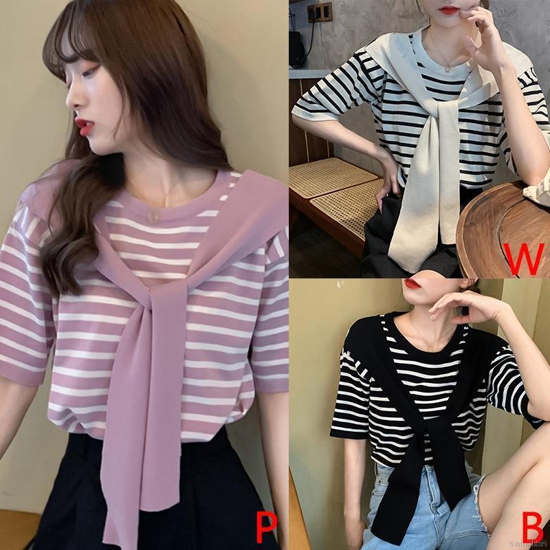 Áo Thun Nữ Tay Ngắn Kẻ Sọc Giả Hai Lớp