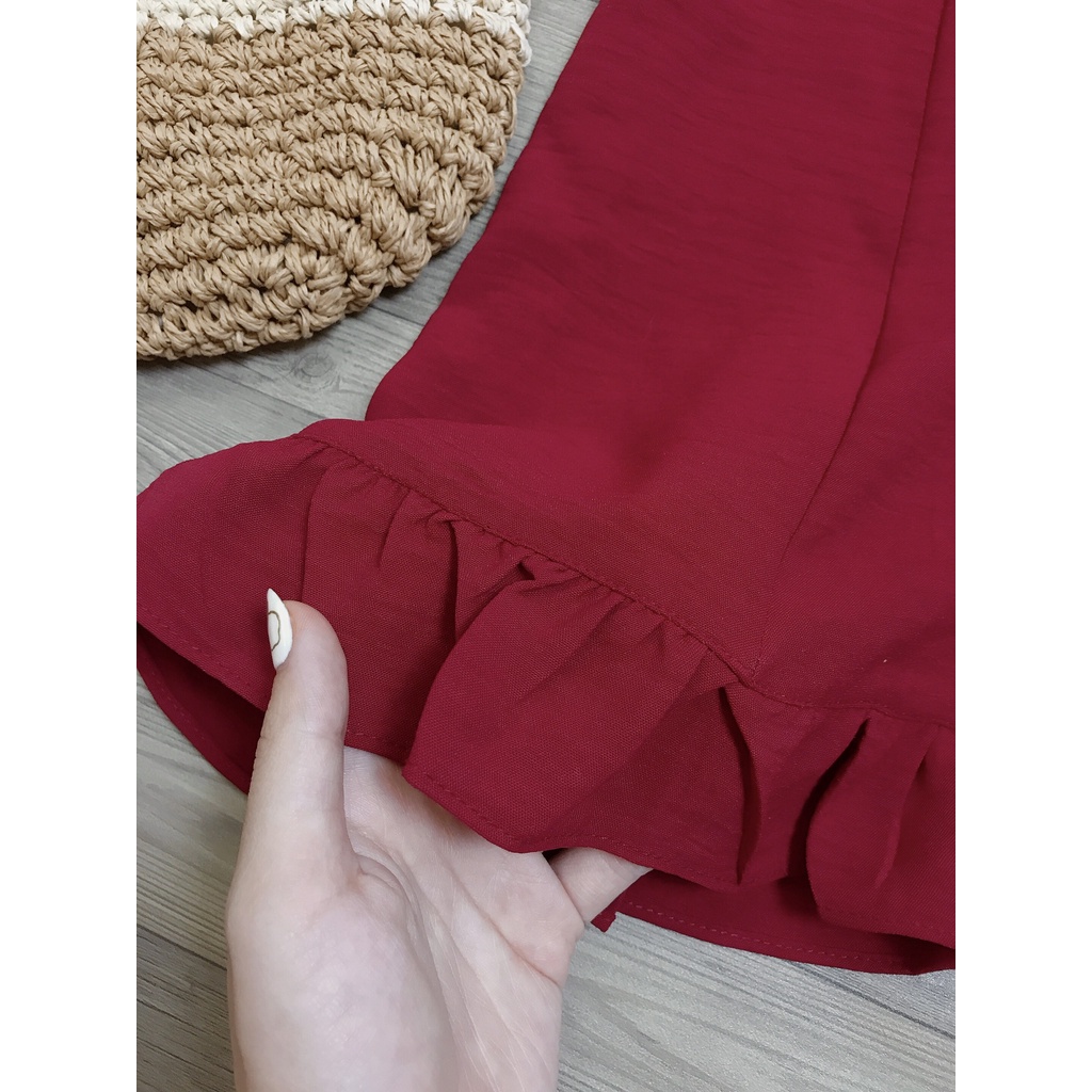 Váy đỏ đô FORYOU đầm cổ sen bèo tay bồng cúc giữa nhún bèo chân váy - Suri Dress | BigBuy360 - bigbuy360.vn