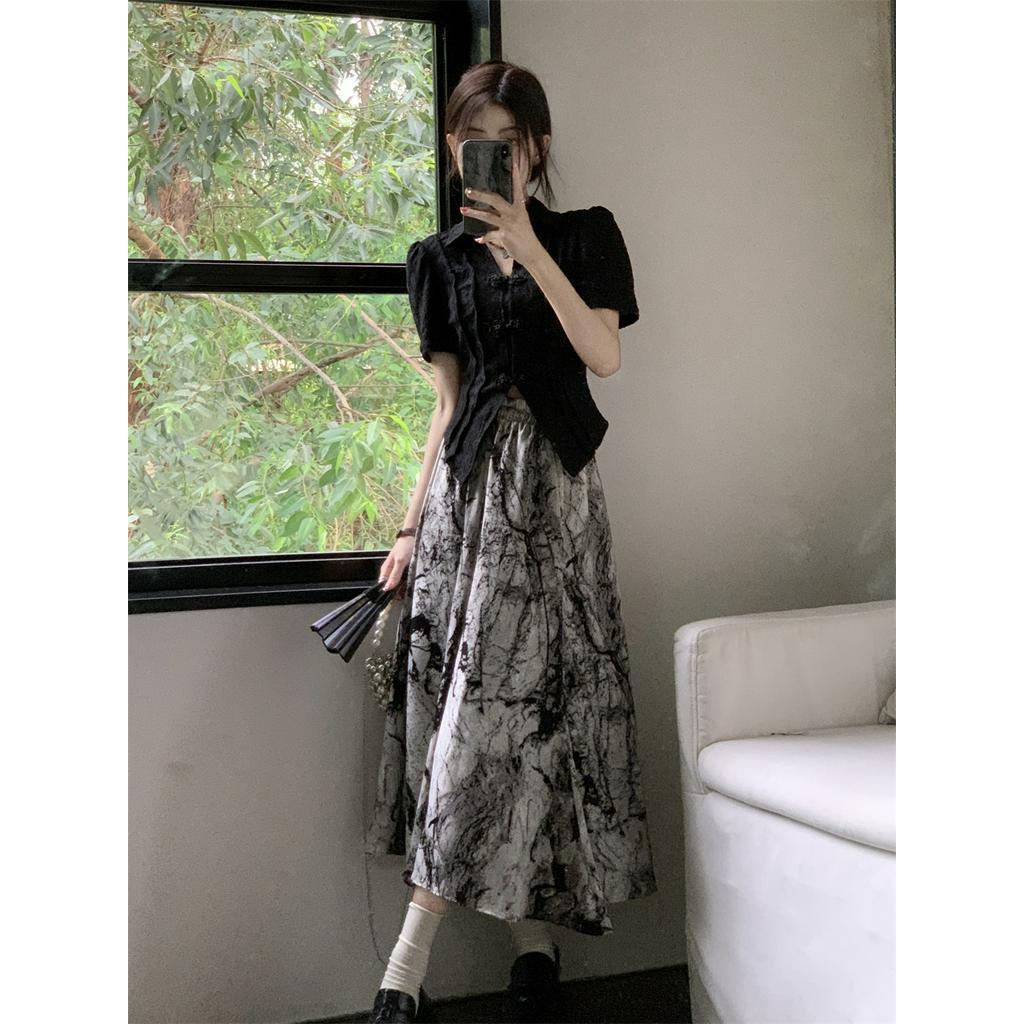 Đầm Sơ Mi Cổ Mép Lật Eo Cao Ngắn Tay Phong Cách Retro 63360