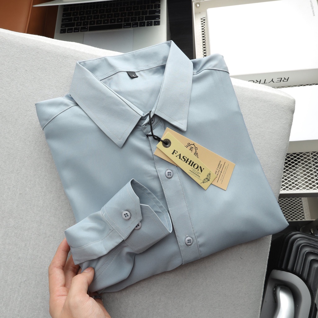 SƠ MI LỤA KHÔNG NHĂN  HÀNG CHUẨN SHOP MÀU XÁM XANH