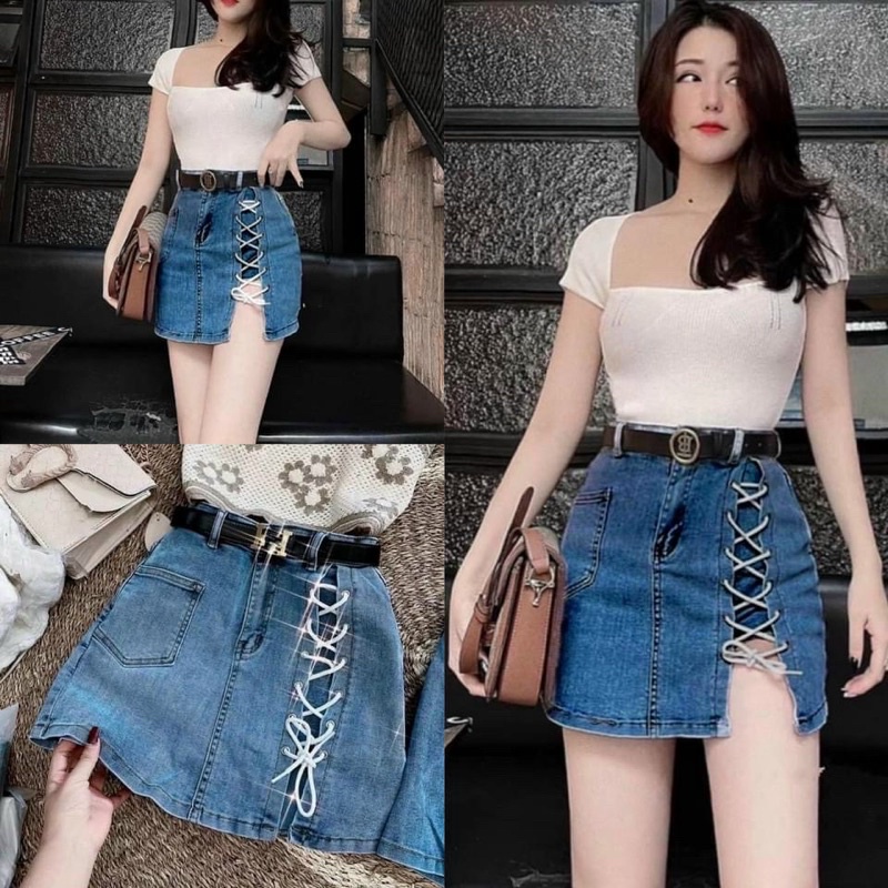 Chân Váy jean TK Đan dây xẻ đùi loại 1 đẹp.
