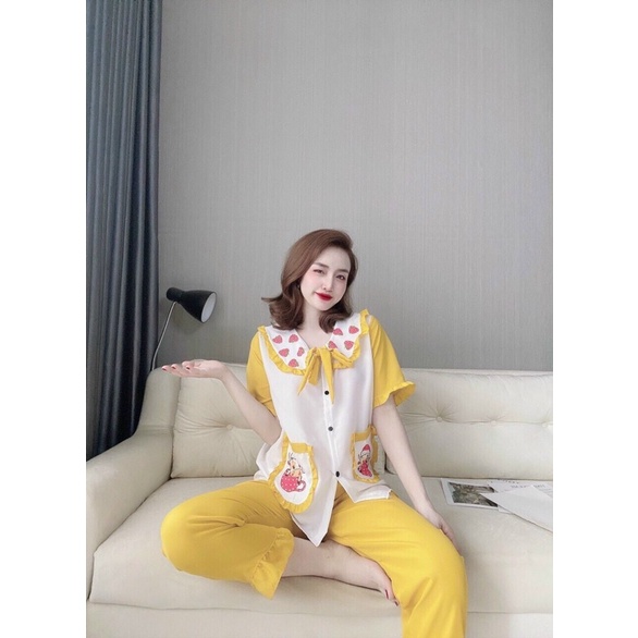 Set đồ bộ nữ mặc nhà pijama cổ bèo nơ vải lụa hàn mát mịn