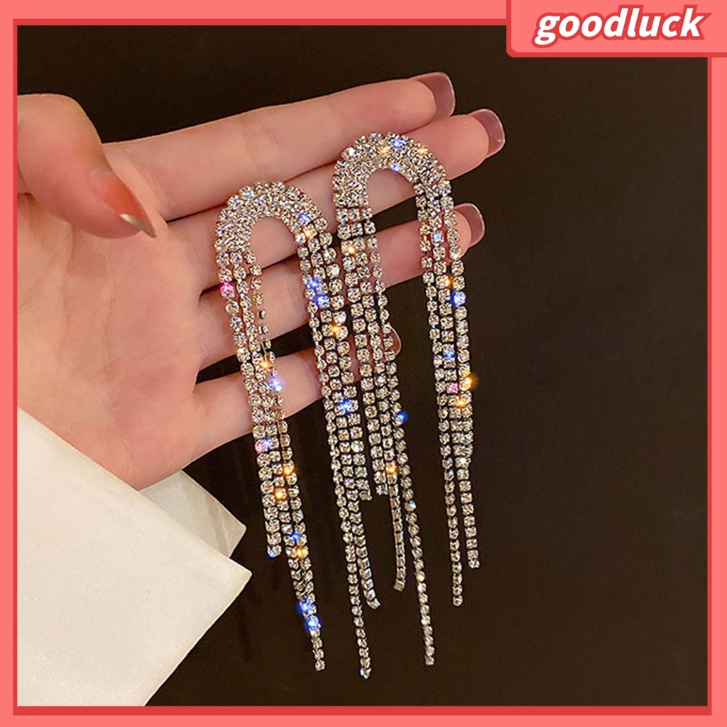 Khuyên Tai Chữ U Đính Đá Phối Tua Rua Toàn Diện Thời Trang