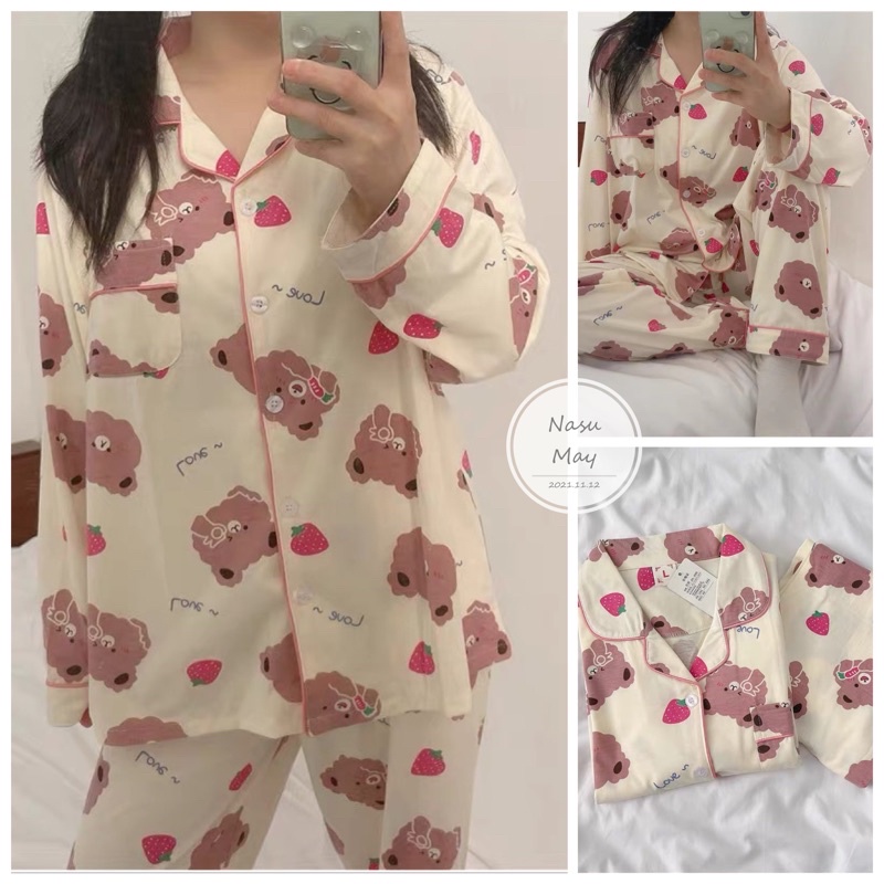 Bộ Đồ Ngủ Pijama Nữ  Dài Tay Form Rộng Gấu Dâu Xinh Xắn