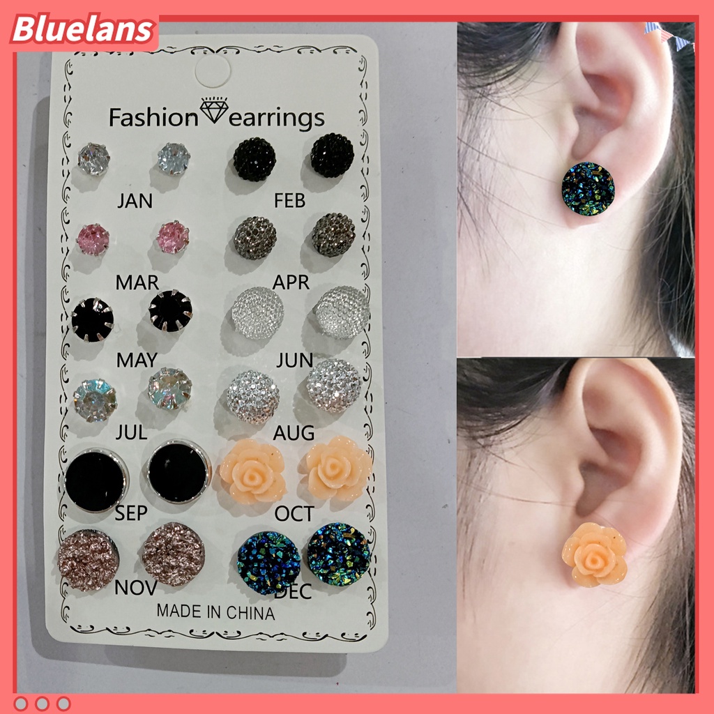 Set 12 đôi bông tai đính đá hình hoa đơn giản cho nữ