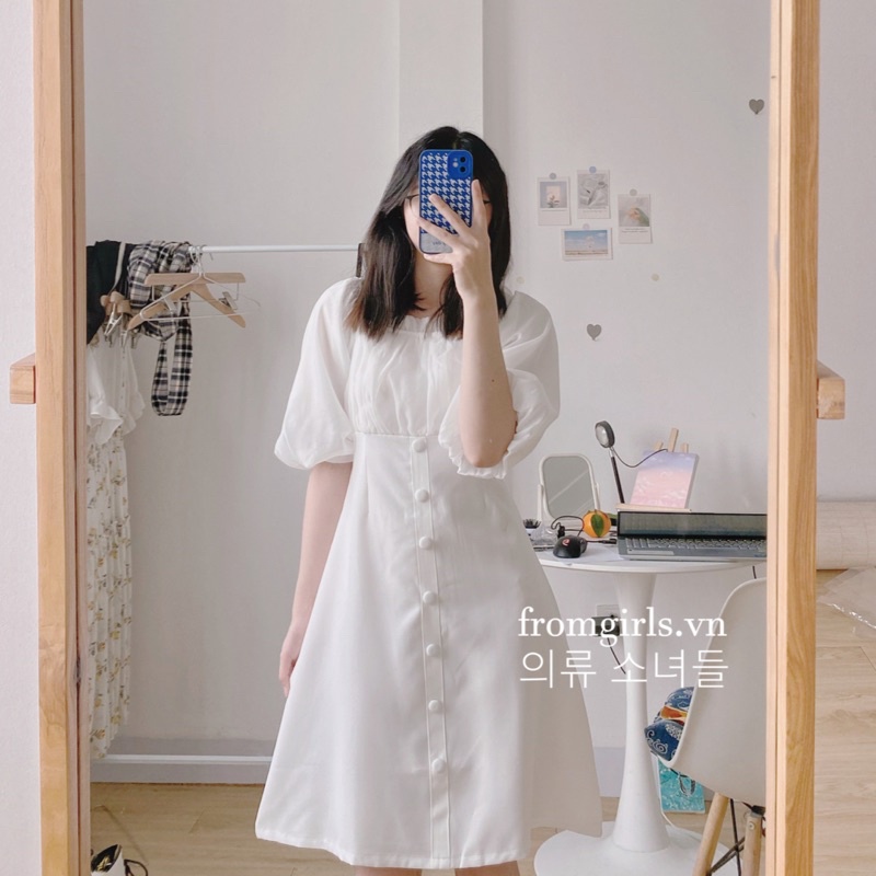 Váy trắng tay phồng, đầm trắng dự tiệc cục bọc ngực ren brown.clothes  - V63