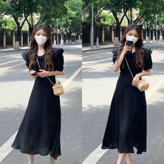 Đầm midi đen voan tơ cổ hai lớp