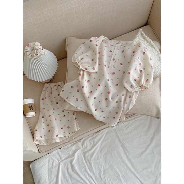 [HÀNG SẴN]BỘ ĐỒ PIJAMA CỘC TAY CHẤT ĐŨI XỐP KÈM SCRUNCHIES SIÊU ĐÁNG YÊU