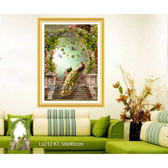 Tranh đính đá đồng hồ chim công KT:50x90cm, Tranh gắn đá chưa đính.
