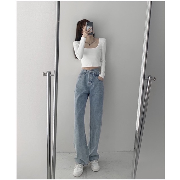 Quần Jeans Ống Rộng Xanh - Quần Ống Rộng Nữ Dáng Suông 1 Cúc Cạp Chéo Ulzzang Q51