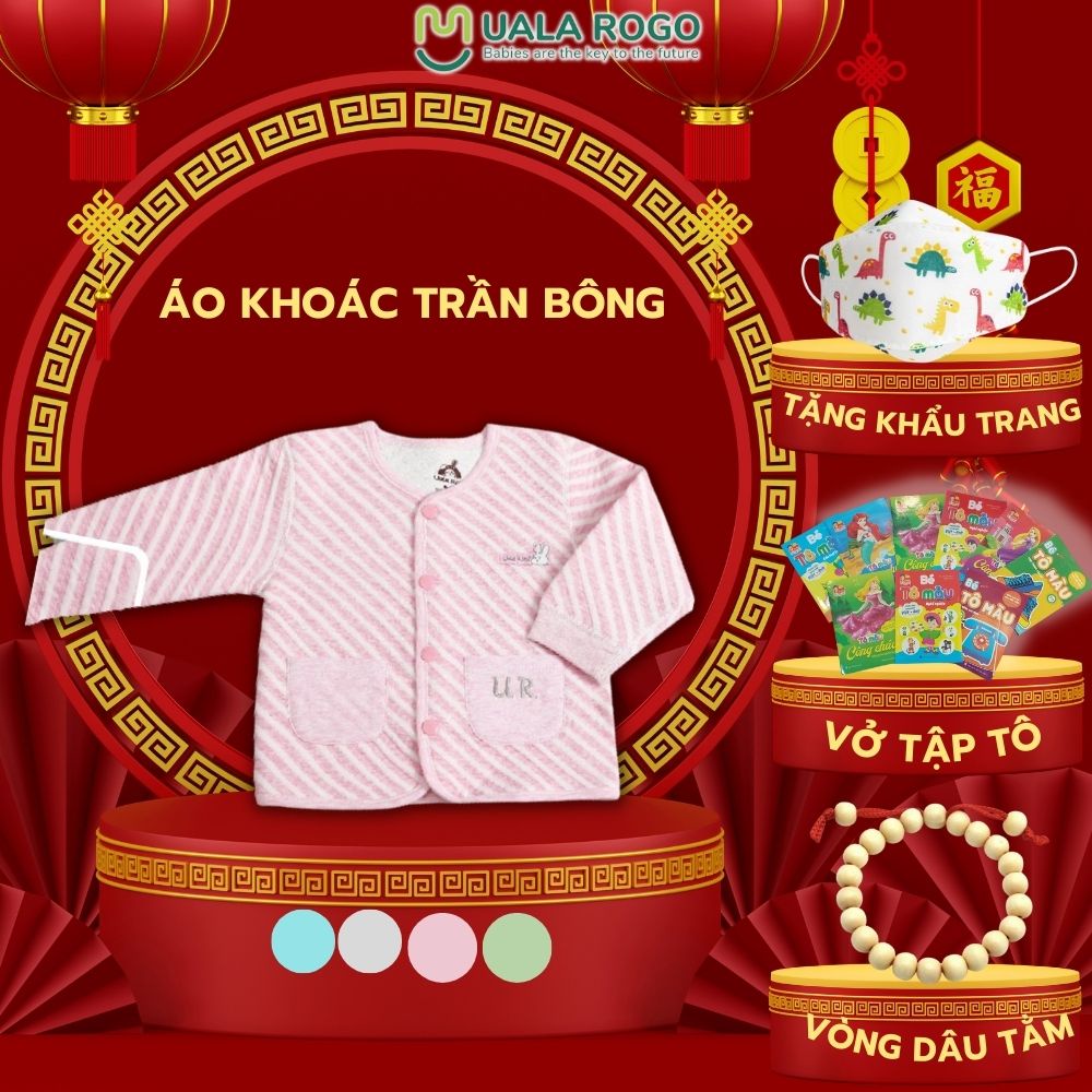 Áo khoác cho bé Uala rogo 3 tháng - 2 tuổi trần bông cotton cúc bấm giữa 2 túi giữ ấm 3446