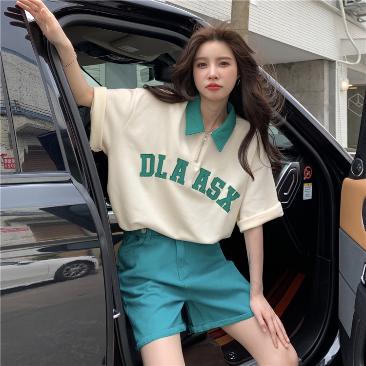 Áo polo Ngắn Tay Dáng Rộng Thêu Chữ Phối Khóa Kéo Kiểu Hàn Quốc Trẻ Trung Cho Nữ