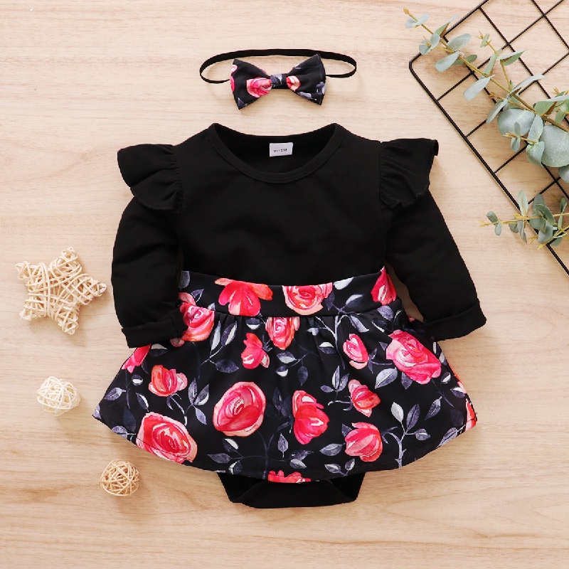 Áo liền quần Mikrdoo tay dài in họa tiết hoa với băng đô dễ thương thời trang dành cho bé gái