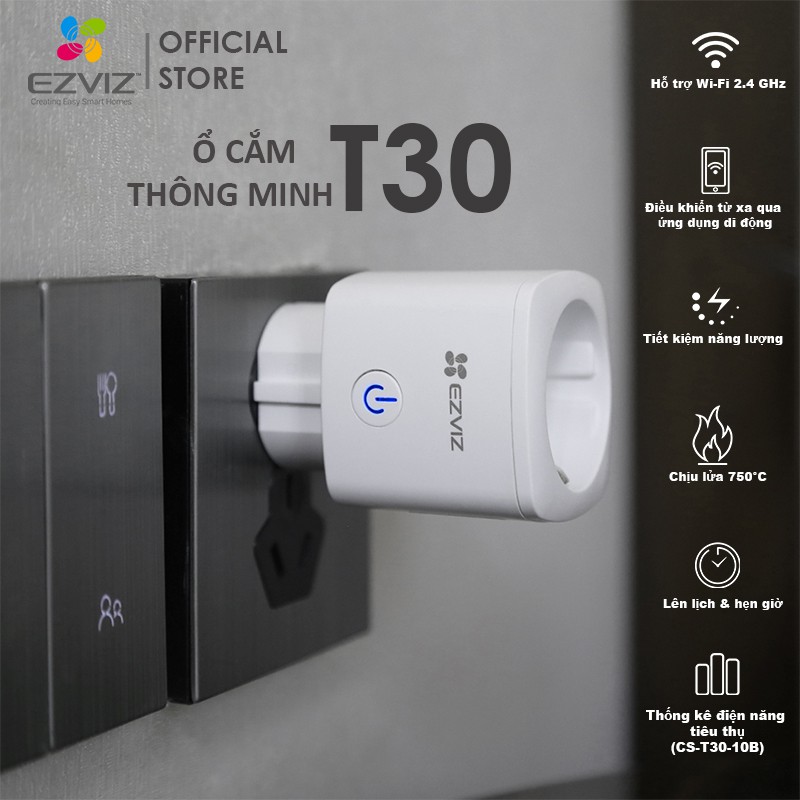 Ổ CẮM EZVIZ T30 Kết nối WI-FI,Điều Khiển Qua Ứng Dụng,Lên Lịch Hẹn Giờ,Chịu Lửa, Chịu Nhiệt 750°C (750 độ)