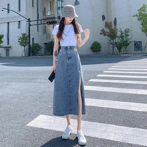 Chân Váy Denim Dáng Chữ a Lưng Cao Xẻ Tà Thời Trang Mới Cho Nữ