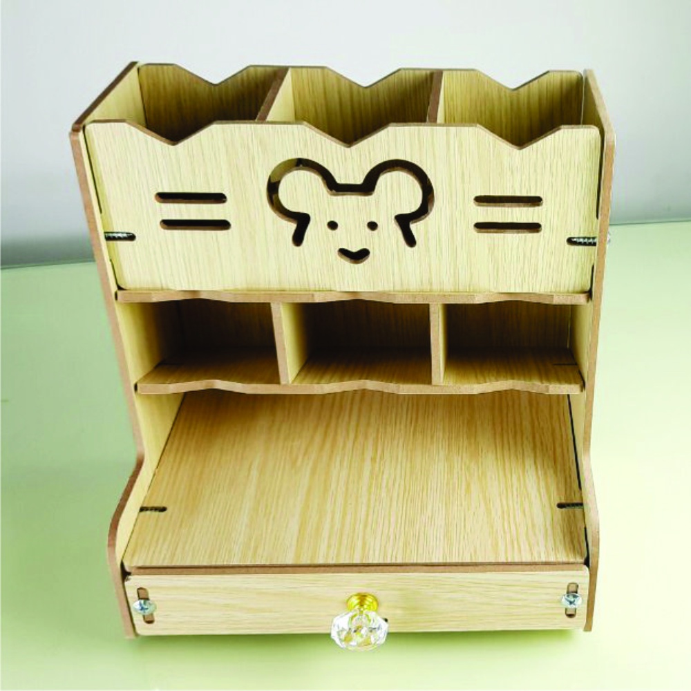 Hộp bút để bàn kệ đựng bút bằng gỗ HV10 - Tặng giá để điện thoại hình con thỏ bằng gỗ màu ngẫu nhiên