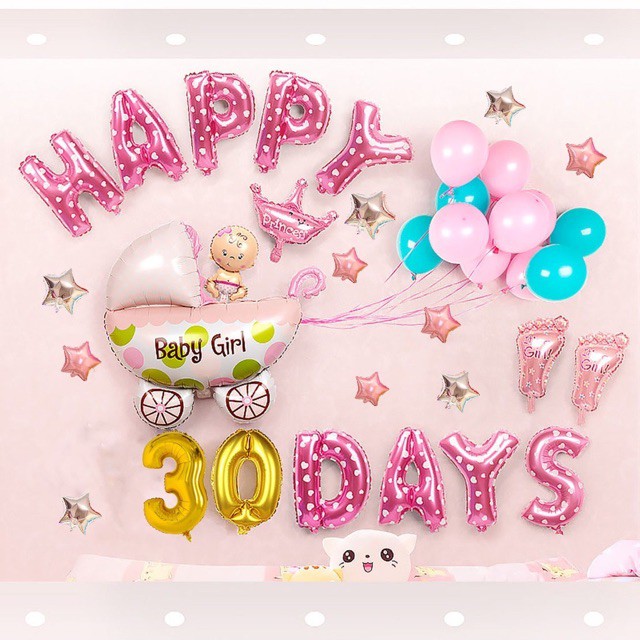 [ Tặng BƠM + KEO ] Set bong bóng đầy tháng bé trai bé gái - Fullmonth Happy 30 days