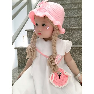 Nón len có 2 bím tóc cho bé - Dương liễu handmade