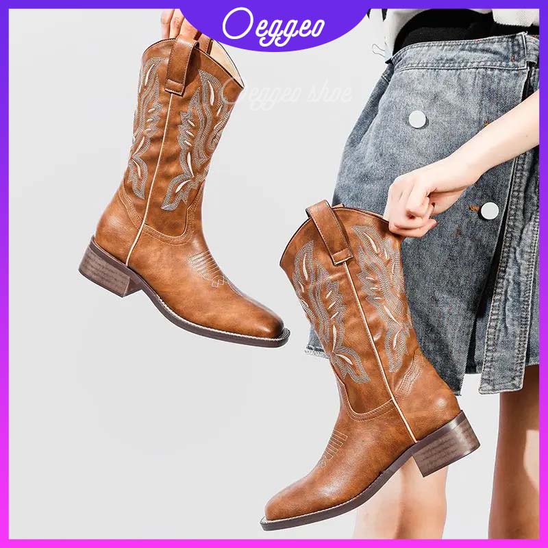 Oeteo Giày Bốt Cao Bồi Thêu Hình Chữ V Thời Trang Phương Tây Mùa Thu Cho Nữ