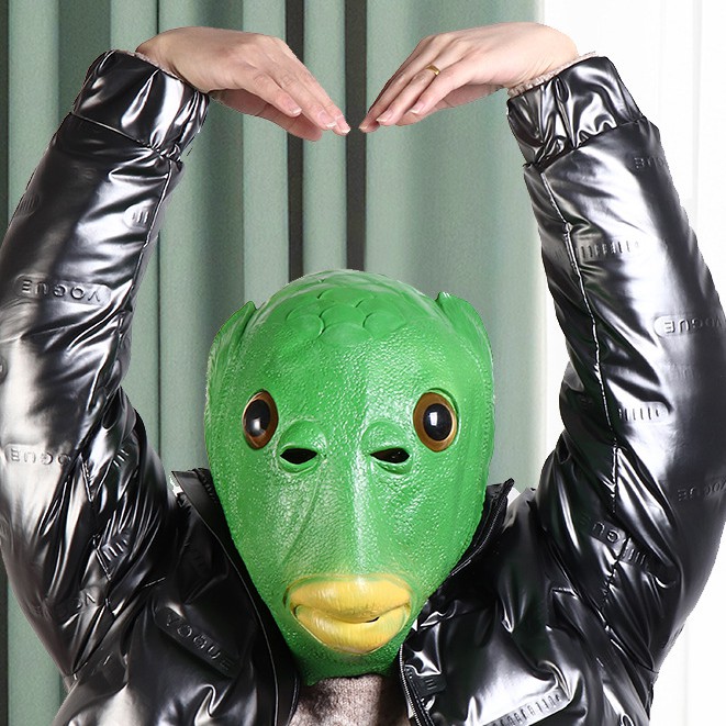 Mặt nạ trùm đầu hóa trang quái vật đầu cá màu xanh lá phù hợp cho Halloween