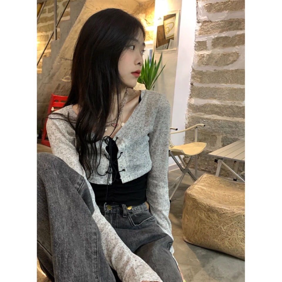 Set Áo Cardigan Dây Đan Chéo Màu Trơn + Áo Hai Dây Phong Cách Hàn Quốc Cá Tính Mùa Hè Cho Nữ