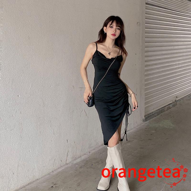 ORT-Women´s Slip Dress, Solid Color Sleeveless Drawstring Tie-Up Irregular Hem Backless Slim Dress