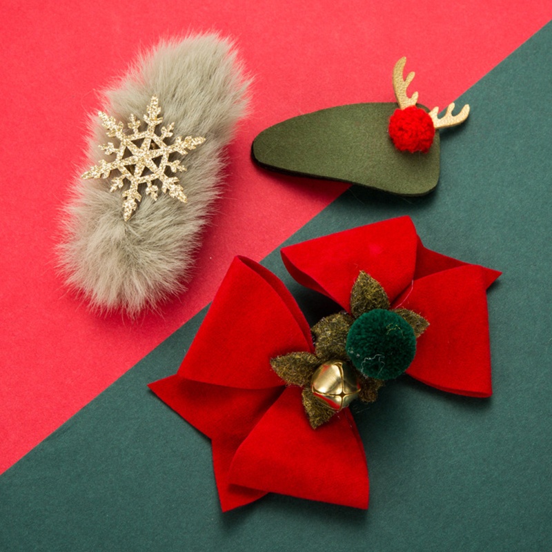 Set 4 Kẹp Tóc Họa Tiết Hoạt Hình Giáng Sinh Kèm Vòng Đeo Tay &amp; Kẹp Tóc Hình Hoa Tuyết / Hươu / Hươ