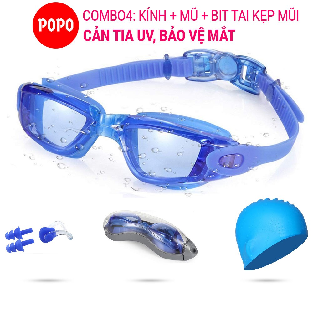 Kiếng bơi người lớn nam nữ chính hãng POPO kèm mũ bơi trơn, bịt tai kẹp mũi cản tia UV
