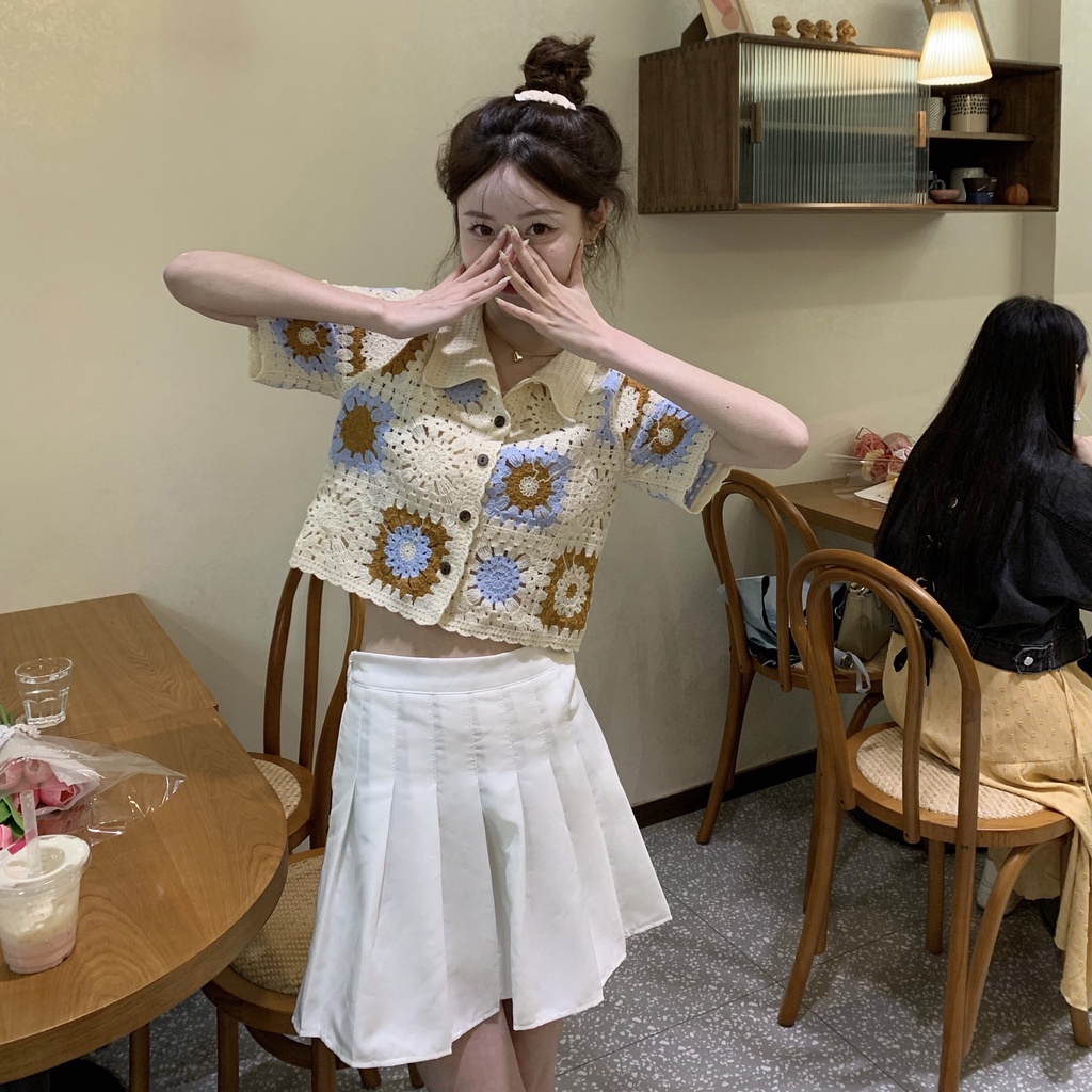 Áo Dệt Kim Ngắn Tay Phối Lỗ Thời Trang Cho Nữ