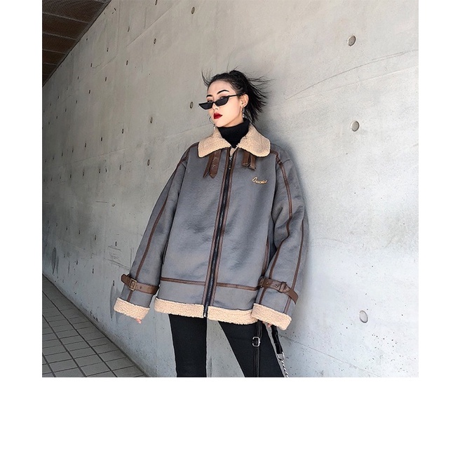 (HÀNG CÓ SẴN)-Áo khoác jacket da lộn lót lông cừu unisex