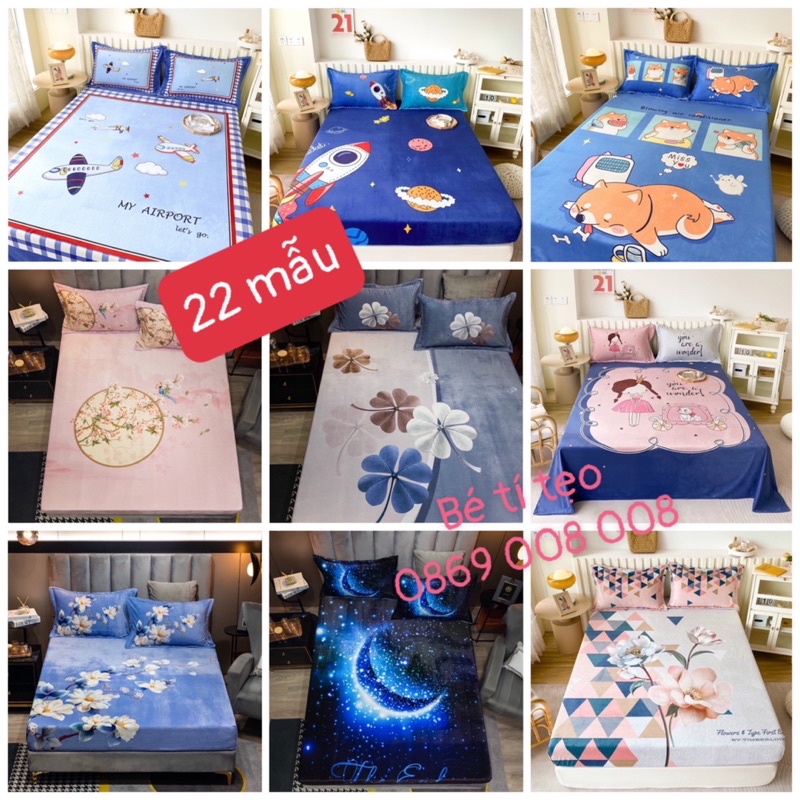 Bộ Ga Giường Kèm Gối Nỉ Nhung 3D, Drap Nỉ Nhung Với Nhiều Mẫu Họa Tiết Đẹp, Bộ Ra Nệm Mùa Đông Ấm Áp