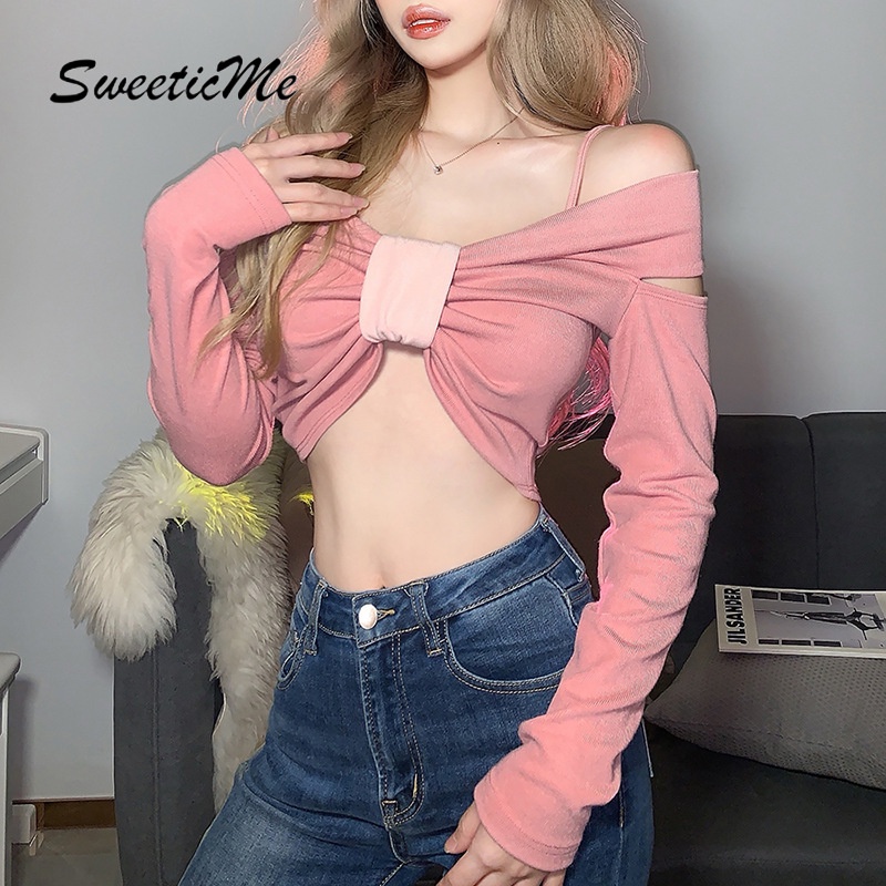 Áo Thun Nữ Trễ Vai Tay Dài Đính Nơ Mới Sweeticme