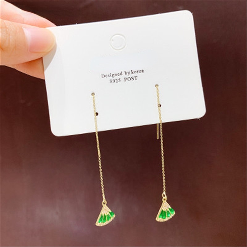 Khuyên Tai Dài Đính Ngọc Lục Bảo Thời Trang Cho Nữ